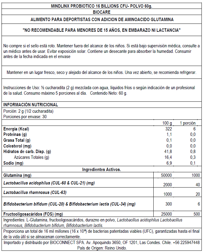 Mindlinx Powder - Probiótico en polvo con Glutamina 60G